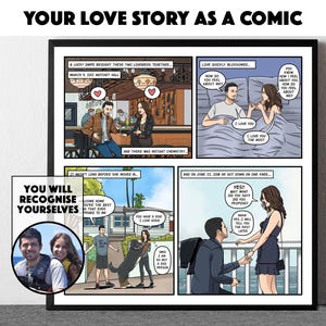 May include: A framed comic strip print with the text "YOUR LOVE STORY AS A COMIC." The artwork illustrates a couple's relationship milestones, from their first meeting to a proposal. A smaller photo of the couple is included. The text "YOU WILL RECOGNISE YOURSELVES" is also present.