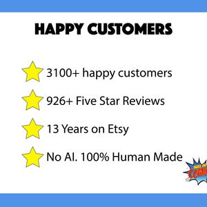 May include: A white background with the words "HAPPY CUSTOMERS" in bold black letters. Below are four lines of text: "3100+ happy customers", "926+ Five Star Reviews", "13 Years on Etsy", and "No AI. 100% Human Made".