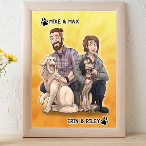Aangepaste cartoon familieportret met huisdieren, leuke moderne verrassing 1-jarig jubileumcadeau voor vrouw, eigenzinnige leuke verrassingsideeën voor hondenbezitters