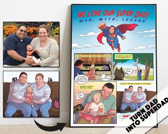 Custom Super Dad Comic Strip, Fathers Day Best Daddy Birthday Gift From Son Daughter Kids, Superhero Portrait Father's Gift Comic Book