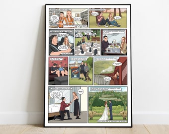 Personalized Wedding Comic Strip Husband Wife, Custom Nerdy Couples Engagement Gift Friends, Customized Cartoon Illustration From Photo