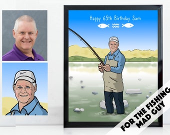 Custom Fishing Portrait, Personalized Fisherman Cartoon, Birthday Gift Dad Father Husband Boyfriend, Work Anniversary, Sports Illustration