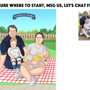 May include: A digital illustration of a family of four sitting on a red and white checkered picnic blanket. The text "NOT SURE WHERE TO START, MSG US, LET'S CHAT FIRST..." is at the top. A banner reads "Le bonheur en Famille."