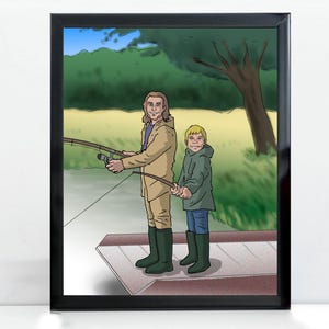 Custom Fishing Portrait, Sports Mad Dad Grandad Uncle Nephew, Father and Son Cartoon Illustration, Special Thoughtful Keepsake, Lifelike