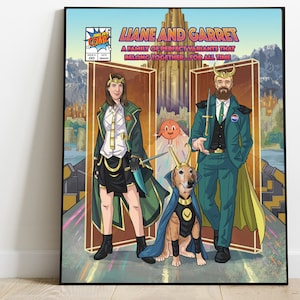 Ilustración de dibujos animados de superhéroes personalizada, portada de cómic dibujada a mano, impresión de arte nerd original, dibujo de caricatura a partir de fotos, regalo de aniversario geek