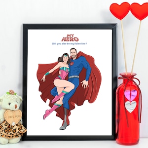 Desenho de super-herói de quadrinhos personalizado, retrato de casal personalizado, presente de dia dos namorados peculiar e nerd para ele, melhores ideias divertidas para namorado