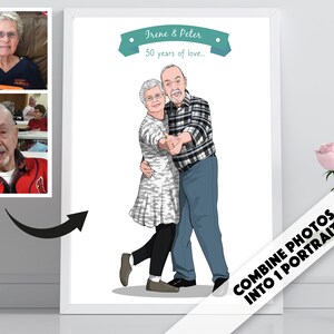 Custom Portrait From Photo, 50th Wedding Anniversary Gift For Parents Grandparents, Customized Couple Comic Art, Husband Wife Illustration image 2