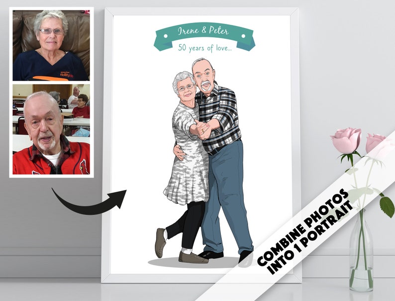 Custom Portrait From Photo, 50th Wedding Anniversary Gift For Parents Grandparents, Customized Couple Comic Art, Husband Wife Illustration image 2