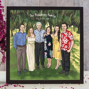 May include: A framed family portrait featuring six people standing together in a park-like setting. The artwork is a colorful illustration with the text "The Browning Family Est. June 7, 1981" at the top. The frame is dark brown.