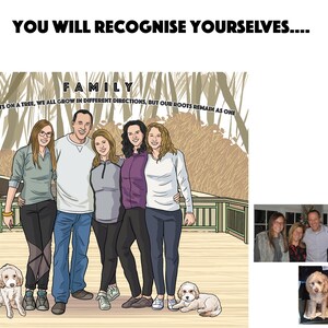May include: A digital illustration of a family of five people standing on a wooden deck, with two small dogs. The text at the top says "YOU WILL RECOGNISE YOURSELVES...." and "FAMILY". The quote reads "LIKE THE ROOTS ON A TREE, WE ALL GROW IN DIFFERENT DIRECTIONS, BUT OUR ROOTS REMAIN AS ONE."