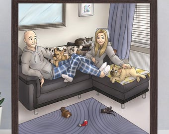 Hand Drawn Birthday Gift For Boyfriend, Cartoon Portrait Of Couple With Pets, Caricature Art
