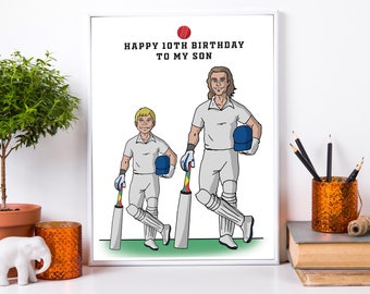 Custom Father And Son Portrait, Personalized Cricket Cartoon Illustration For Sports Mad Dad, Birthday Gift Boyfriend, Brother, Nephew