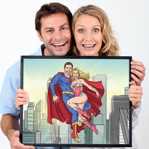 Ritratto personalizzato di coppia di supereroi, copertina di fumetto personalizzata disegnata a mano, insolito regalo di carta per il primo anniversario di matrimonio, l'uomo che ha tutto