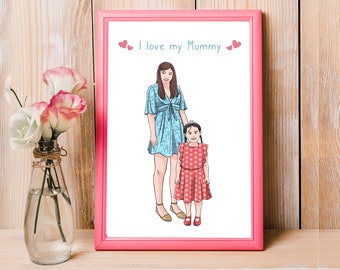 Custom Family Portrait For Moms Birthday From Kids Mother and Daughter Cartoon, Hand Drawn From Photos, Sentimental Nostalgic Present