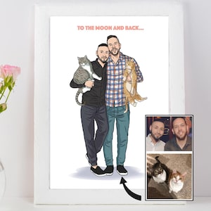 Custom Gay Couple Portrait With Pets, 1st Anniversary Gift Husband Wife, Same Sex Marriage Celebration, Cute Dog Cat Owner, Personalized Art