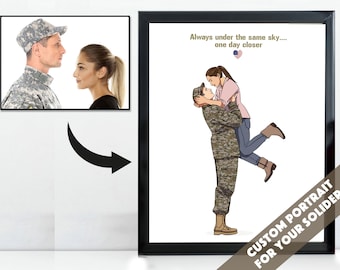 Military Couple Portrait From Photo, Personalized Deployment Gift, Custom Soldier Love Illustration