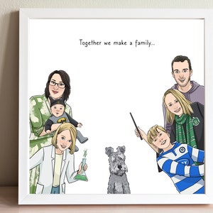 Custom Hand Drawn Family Portrait With Pets, Anniversary Husband, Mothers Day, Photo to Cartoon Digital Illustration, Caricature Commission