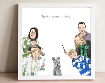 Custom Hand Drawn Family Portrait With Pets, Anniversary Husband, Mothers Day, Photo to Cartoon Digital Illustration, Caricature Commission