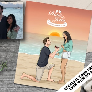 Aangepaste Save The Date-kaart, portret verlovingspaar, cartoonillustratie getrokken van foto, huwelijksuitnodiging, huwelijksaankondiging
