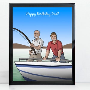 Ritratto personalizzato di padre e figlio che pescano, regalo sportivo per il compleanno di papà e nonno, illustrazione personalizzata da foto, simpatico cartone animato di famiglia
