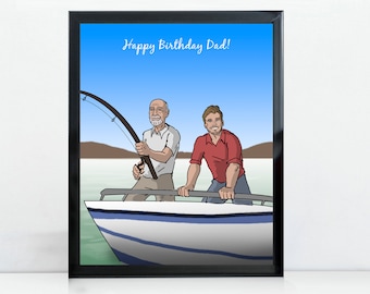 Personalized Father And Son Fishing Portrait, Dad Daddy Grandad Birthday Sports Gift, Custom Illustration From Photo, Cute Family Cartoon