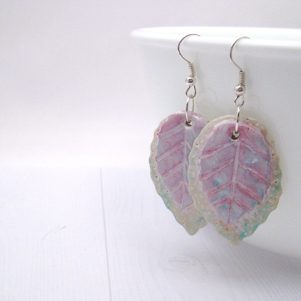 Earrings Polymer Clay Leaf Earrings Hand Made OOAK Pink Etsy