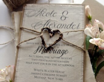 Rustic Wedding Invitation Boho Script Twine on Fabric Invitation Grapevine Heart Fall Wedding Ideas