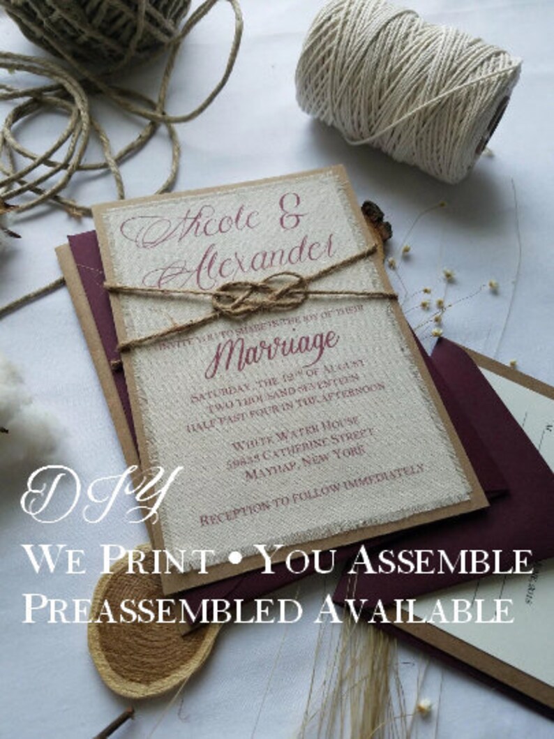 Diy Rustic Knot Burgundy Diy Wedding Invitation Boho Script Etsy