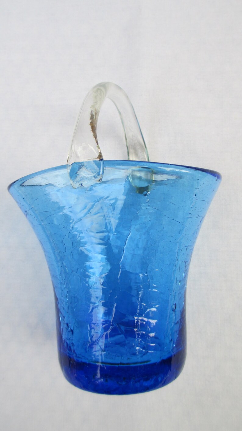 Vintage Round Cobalt Blue Crackle Hand Blown Glass Basket with Etsy