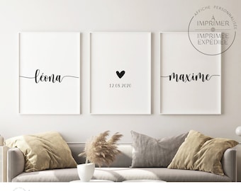 Lot de 3 affiches prénoms séparés par un coeur - Cadeau Couple, Affiche prénoms du couple, affiche famille, cadeau famille