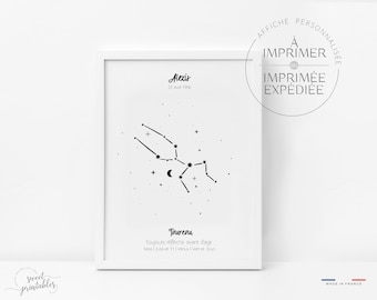 May include: A black and white printable poster with a constellation design for the zodiac sign Taurus. The poster includes the name "Alexis" and the date "25 Avril 1990". The text "Toujours réfléchir avant d'agir" is also included, along with the phrase "Terme 2.46 et 11 Venus | Vert et brun".