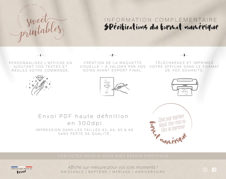 May include: A digital printable poster design template with a white background and black text. The text reads "sweet printables" and "Information Compl&eacute;mentaire Specifications du format num&eacute;rique". The poster includes three steps for customizing the design, including personalization, creation, and printing. The poster also includes information about the high-resolution PDF file and the sizes available for printing. The poster is ideal for creating custom posters for events such as birthdays, weddings, and baby showers.