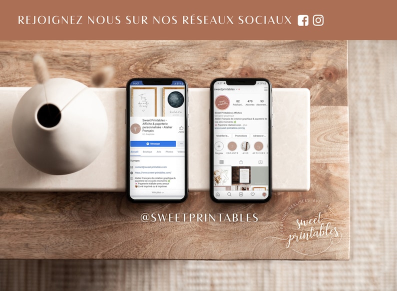 May include: Two screenshots of Instagram profiles on a wooden surface. The first profile is for "Sweet Printables" and features a graphic of a woman with a paintbrush. The second profile is for "Sweet Printables" and features a graphic of a circle with the text "Sweet Printables" inside. Both profiles have a light pink background.