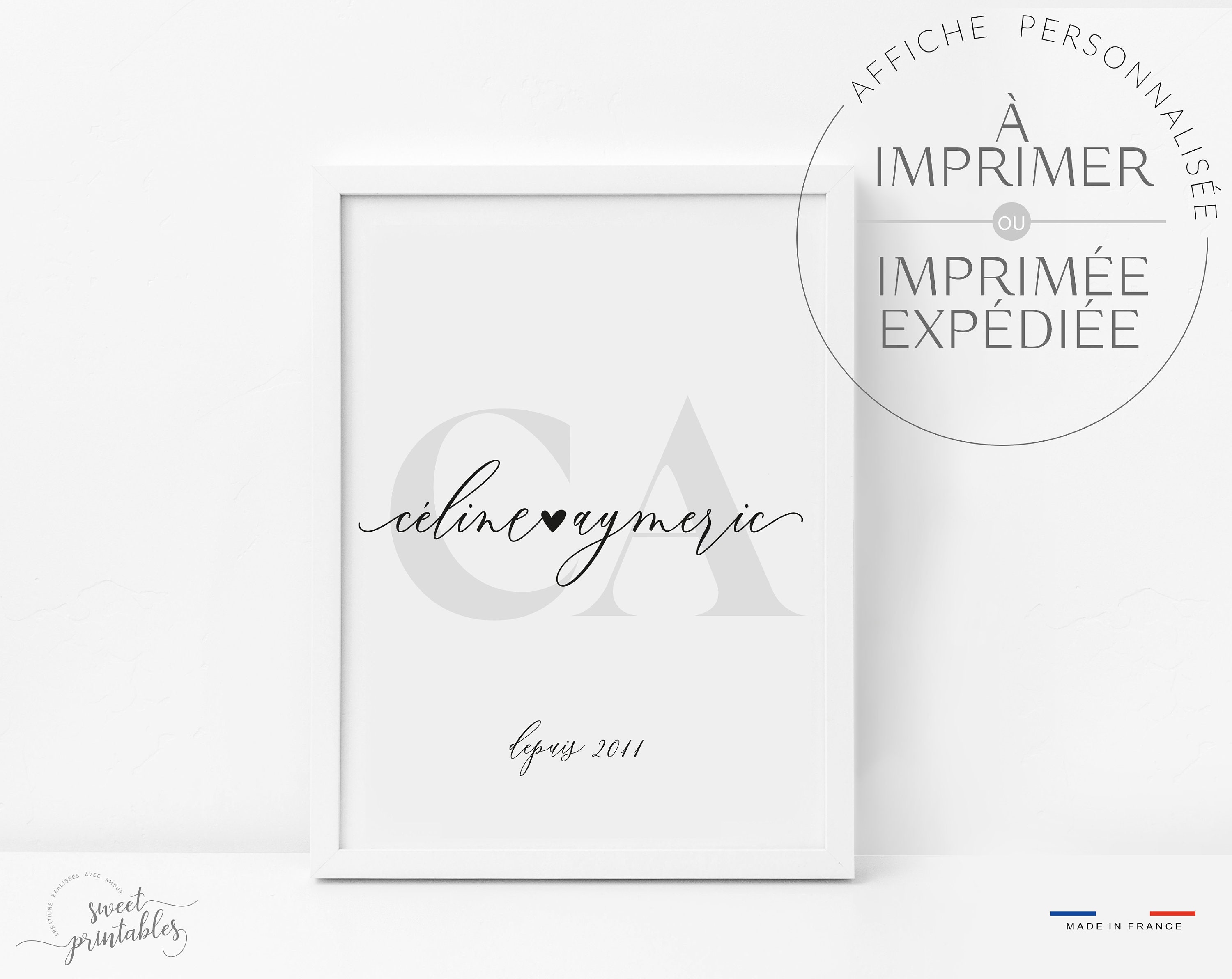 Initiales et Prénoms Du Couple Calligraphié - Cadeau de Saint-Valentin, Personnalisé Couple, Cadeaux