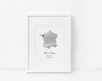 Affiche Carte France Aquarelle en souvenir des lieux où l'on a vécu - à personnaliser