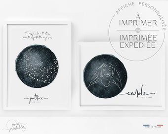 May include: Two framed art prints with white borders. One features a dark blue watercolor circle with white stars and the name "patrice" below. The other shows a woman's face in white lines within a similar circle, with the name "carole".