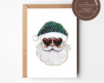 Carte de Noël Père Noël avec Lunettes Cœurs - Illustration Originale - Format A4 et US LETTER à Imprimer