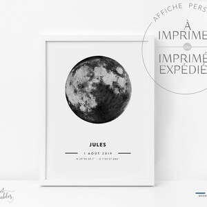 May include: A black and white printable poster with a moon image and the text "JULES", "1 AO&Ucirc;T 2019", and "N 29&deg;35' 39.7" - O 12&deg;25' 27.686".