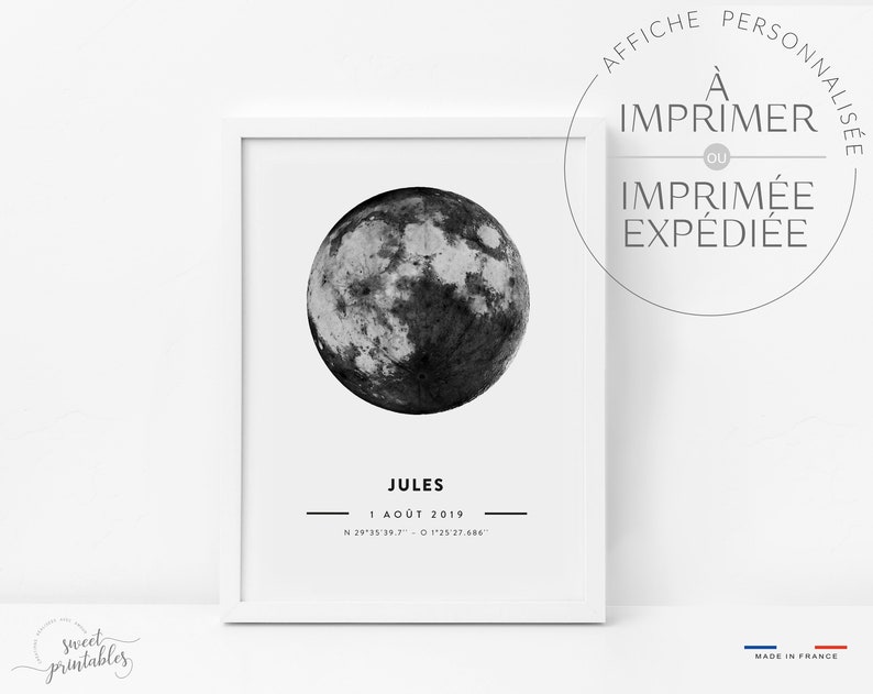 May include: A black and white printable poster with a moon image and the text "JULES", "1 AO&Ucirc;T 2019", and "N 29&deg;35' 39.7" - O 12&deg;25' 27.686".