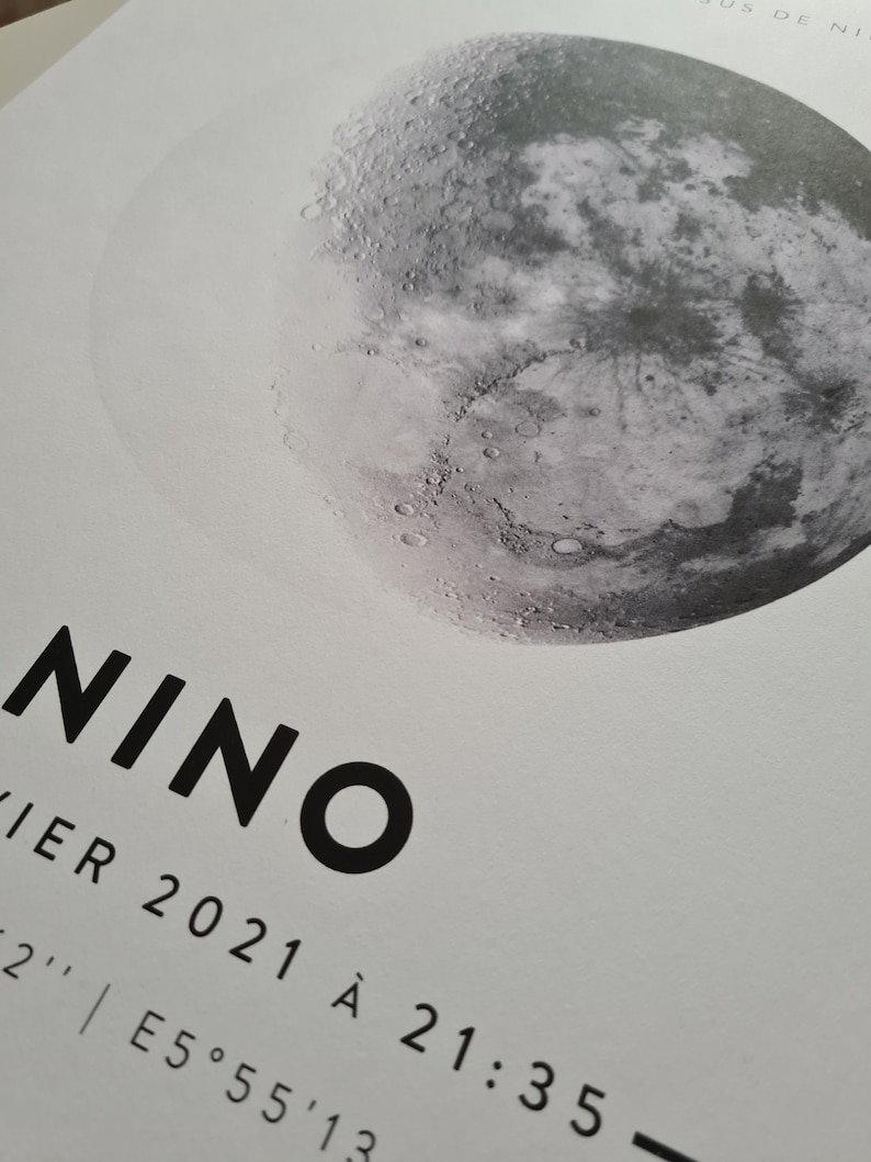 May include: A black and white image of the moon with the text "NINO" and "JANVIER 2021 &Agrave; 21:35 - 22' | E5&deg;55'13"