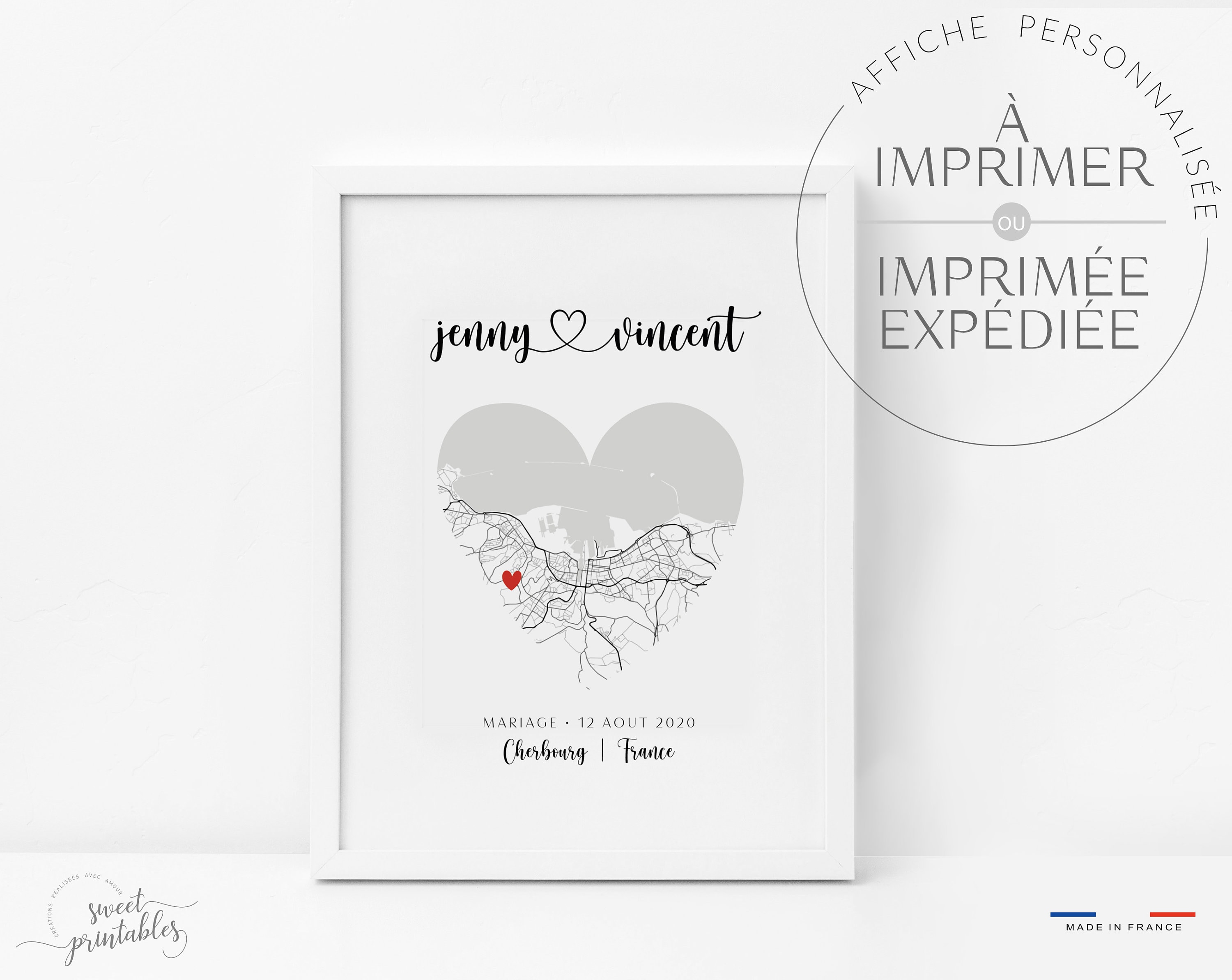 Affiche Carte Map de Ville - à Personnaliser Ville Mariage, Naissance, Fiançailles, Maison Home Cade