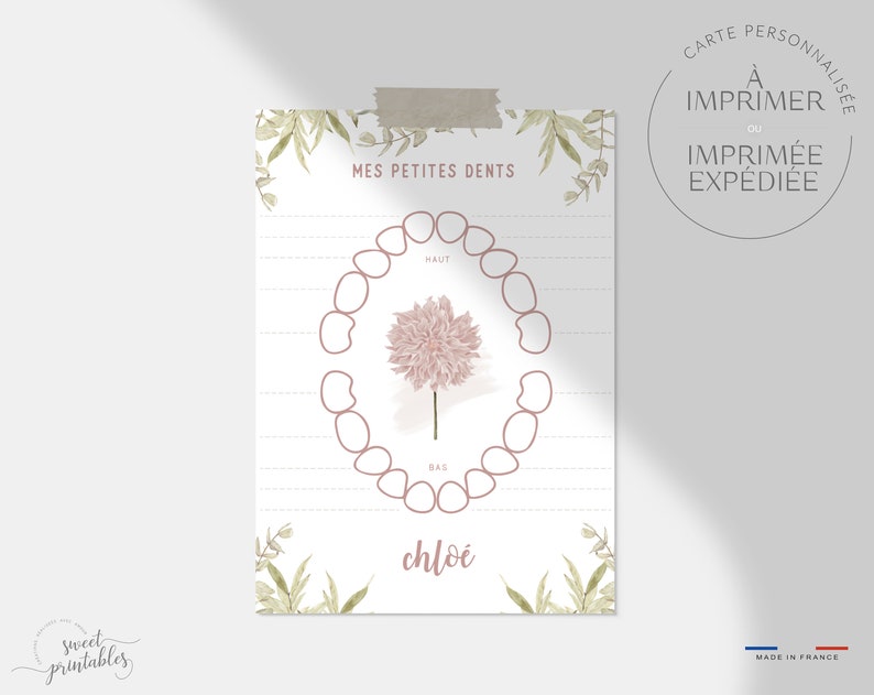 Carte petites dents A6 ou A5 Carte quenottes, carte dent de bébé, carte premières dents, carte dent de lait, carte petite souris 1- Fleur