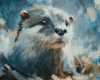 Otter Portrait. Original Painting by UK Artist JOHN SILVER. On Canvas Panel. 10 x 10 inch