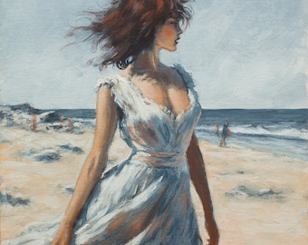 Woman Female portrait at the beach - Original Contemporary Painting - by JOHN SILVER. B.A. 10 x 10 inch