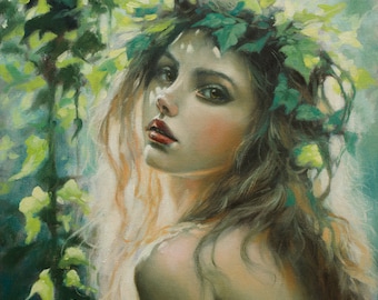 Ivy Goddess Beautiful Female Fantasy Portrait - Original Oil Painting - by JOHN SILVER. B.A. 12 x 12 inch