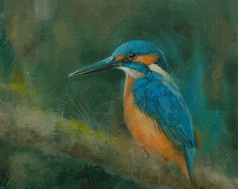 Colourful Kingfisher Bird Portrait. Original Fine Art Painting by JOHN SILVER. 10 x 10 inches on Canvas Panel.
