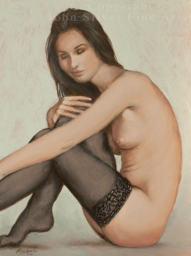 Original Acrylic Painting - Mature Erotic Nude Female Art - Sensual Nude Portrait - by UK Artist JOHN SILVER. B.A. 8 x 6 inches
