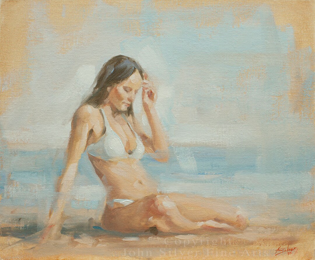 Original Oil Painting Sunbathing Female Portrait by Award photo