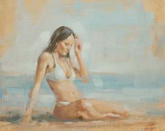 Original Oil Painting - Sunbathing female portrait - by Award Winning UK Artist JOHN SILVER. B.A. 10 x 12 inches