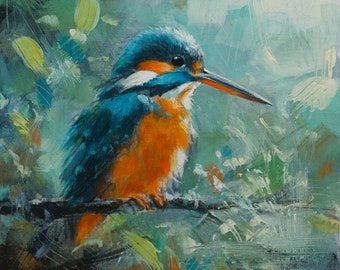 Kingfisher Bird Portrait. Original Painting by UK Artist JOHN SILVER. On Canvas Panel. 10 x 10 inch